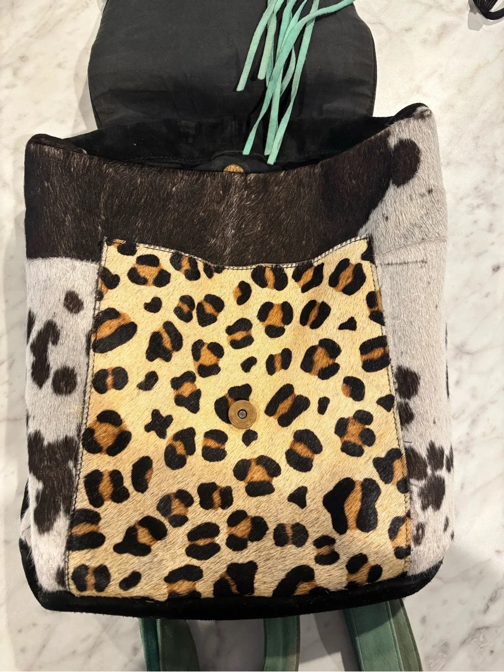 Teal Fringe Cowhide & Leopard Print Backpack